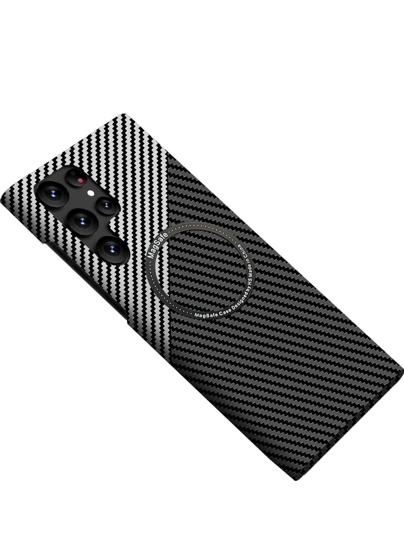 Samsung Galaxy S24 Ultra Case for Compatible with Mag-safe, Ultra Slim S24 Ultra Carbon Fiber Texture Case, Galaxy S24 Ultra 5G Thin Hard PC Magnetic Protective Case (S24 Ultra, Black Silver) 