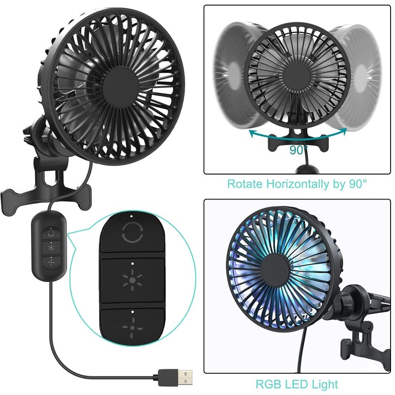 HSR مروحة USB لملحقات السيارات HSR مثبتة على فتحات الهواء في السيارة، 3 سرعات مع إضاءة RGB و مشبك، 90° اهتزاز تلقائي و 360° قابلة للدوران - Image 4