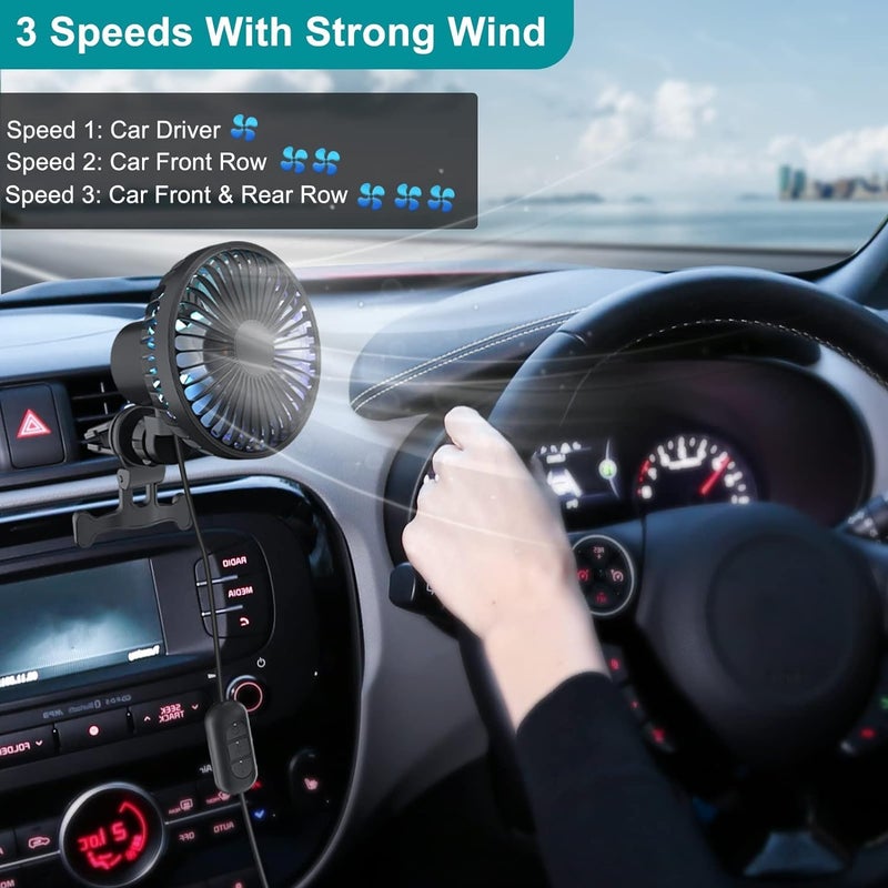 HSR مروحة USB لملحقات السيارات HSR مثبتة على فتحات الهواء في السيارة، 3 سرعات مع إضاءة RGB و مشبك، 90° اهتزاز تلقائي و 360° قابلة للدوران - Image 2