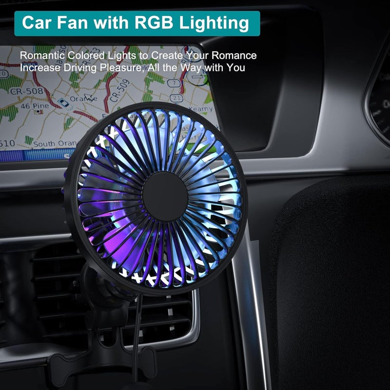 HSR مروحة USB لملحقات السيارات HSR مثبتة على فتحات الهواء في السيارة، 3 سرعات مع إضاءة RGB و مشبك، 90° اهتزاز تلقائي و 360° قابلة للدوران - Image 5