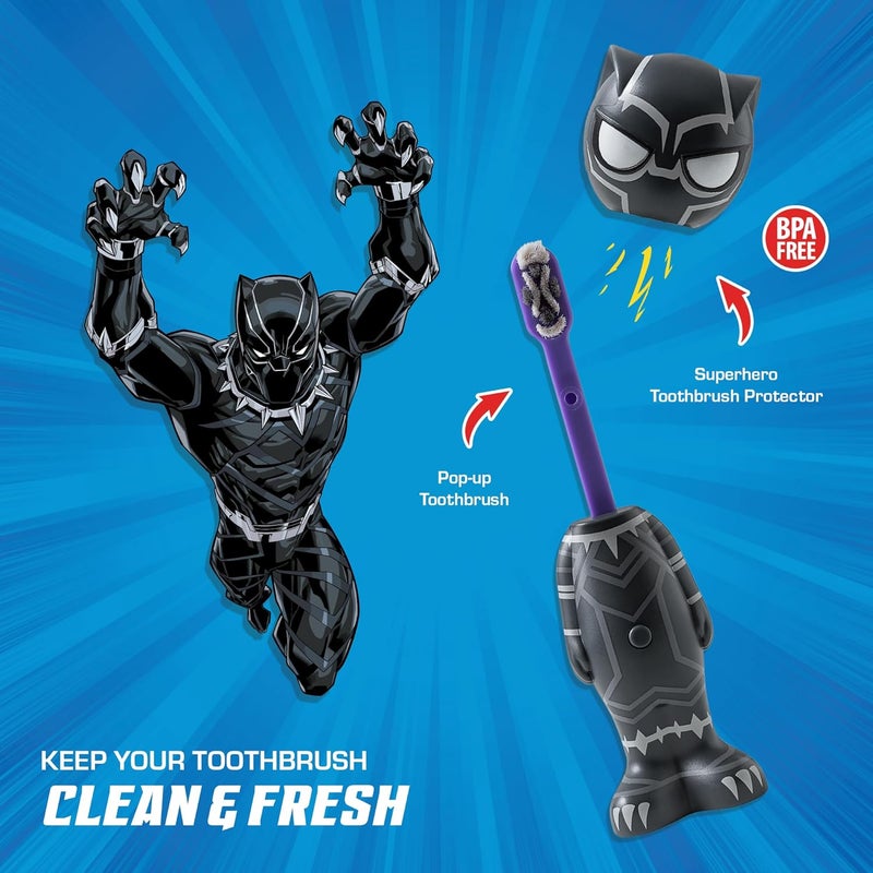 براش باديز فرشاة أسنان Marvel Black Panther للأطفال، شعيرات ناعمة ومستديرة، غطاء مميز على شكل بطل خارق، مقبض سهل الإمساك، تنظيف لطيف للأطفال الصغار والأطفال من عمر 2 سنة فما فوق، مناسبة للسفر، رعاية فموية صحية. - Image 2