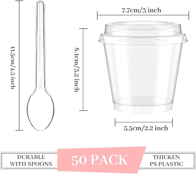 TOFLEN 6 oz Mini Dessert Cups with Lids and Spoons 150 Pcs  Serves 50  Small Plastic Cake Cups Round Party Serving Cups for Parfait Appetizers Mousse Dessert Shot Glasses - Image 2