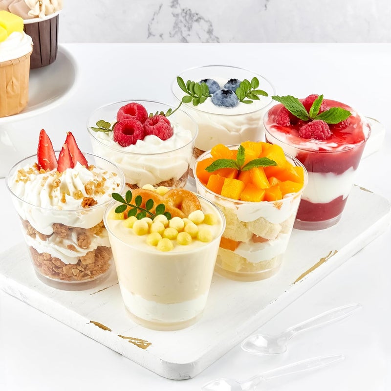 TOFLEN 6 oz Mini Dessert Cups with Lids and Spoons 150 Pcs  Serves 50  Small Plastic Cake Cups Round Party Serving Cups for Parfait Appetizers Mousse Dessert Shot Glasses - Image 5
