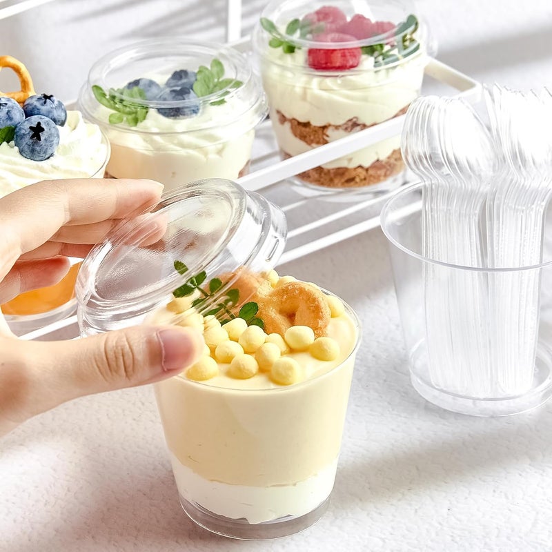 TOFLEN 6 oz Mini Dessert Cups with Lids and Spoons 150 Pcs  Serves 50  Small Plastic Cake Cups Round Party Serving Cups for Parfait Appetizers Mousse Dessert Shot Glasses - Image 4