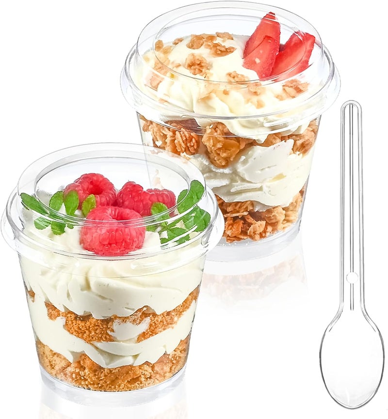 TOFLEN 6 oz Mini Dessert Cups with Lids and Spoons 150 Pcs  Serves 50  Small Plastic Cake Cups Round Party Serving Cups for Parfait Appetizers Mousse Dessert Shot Glasses - Image 1