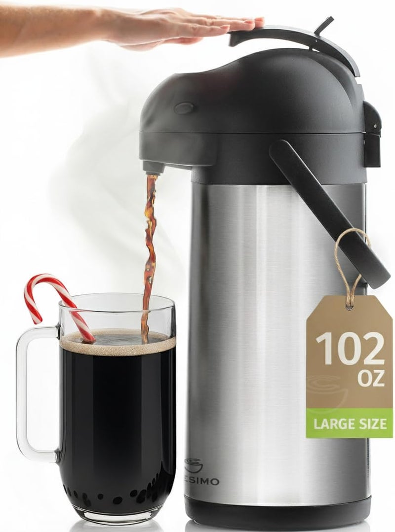 Cresimo Coffee Carafe with Pump - 102oz / 3L Airpot 12 Hours Large Hot Water Carafe, Cocoa Dispenser for Parties - Tea Flask, Insulated Stainless Steel Airpots for Hot Beverage Dispenser -Coffee Pump - Image 1