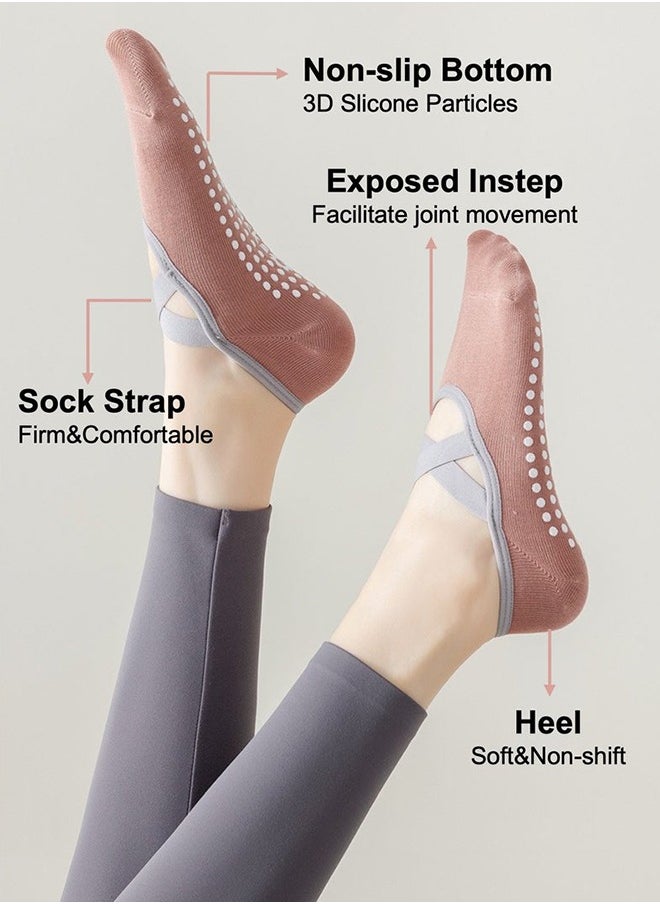 Lemon 4-Pair Non-slip Yoga Socks, Cotton Pilates Socks with Straps, Breathable&Moisture-Wicking&Machine-Washable, Ideal for Yoga/Pilates/Ballet/Dance/Workout (Pink+Black+Grey+Brown, Fit Size 36-42)  - Image 2