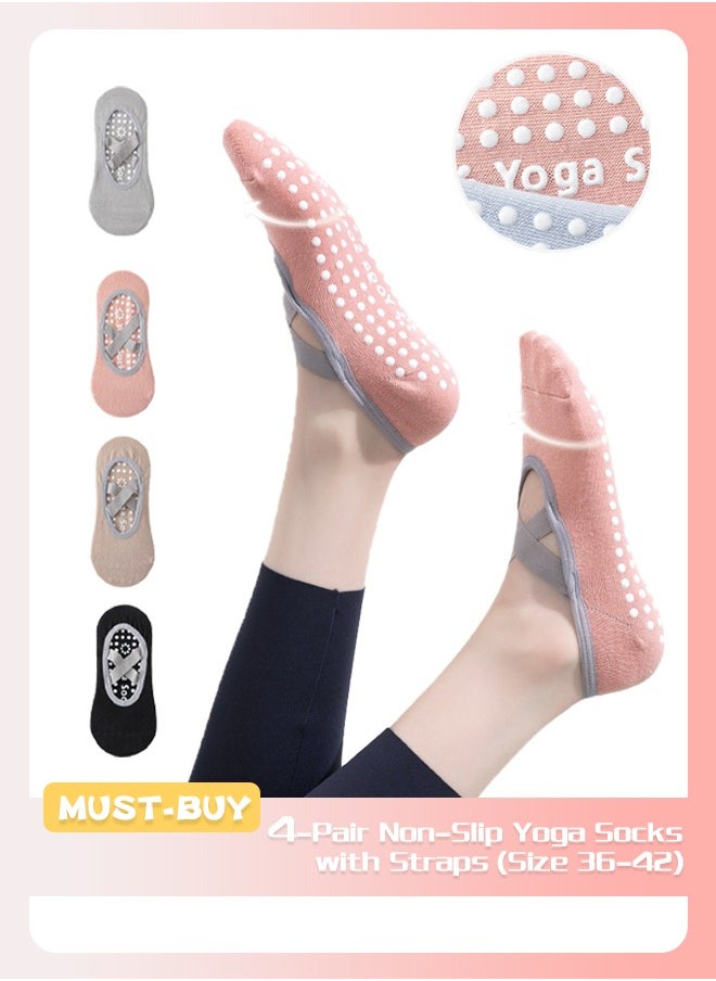 Lemon 4-Pair Non-slip Yoga Socks, Cotton Pilates Socks with Straps, Breathable&Moisture-Wicking&Machine-Washable, Ideal for Yoga/Pilates/Ballet/Dance/Workout (Pink+Black+Grey+Brown, Fit Size 36-42)  - Image 1