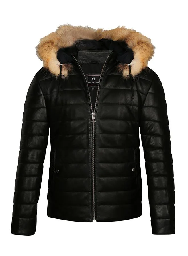 فيليكس هاردي Genuine Leather Black Hoody Jacket