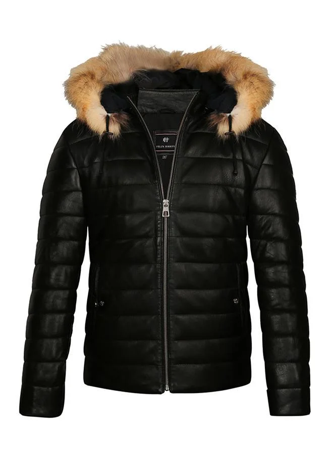 FELIX HARDY Genuine Leather Black Hoody Jacket