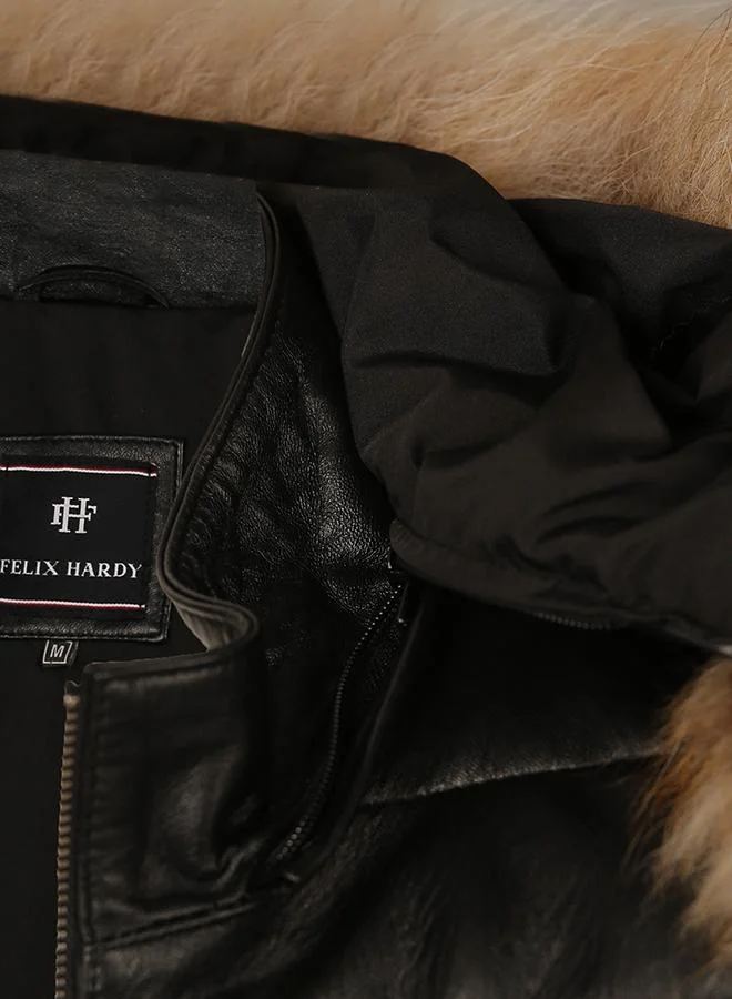 Felix Hardy Black Genuine Leather Black Hoody Jacket for Men | Best Price UAE