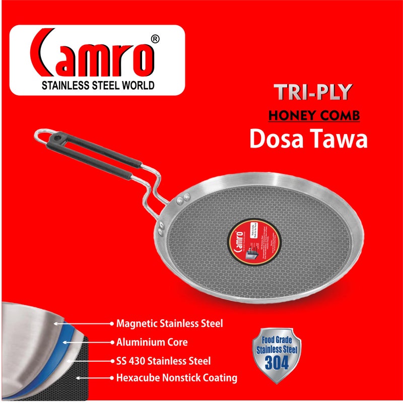 Camro Tawa for Roti and Dosa | Steel Triply Honeycomb Tawa 30cm | Induction Base Dosa Tava Non Stick | Perma-Cool Handles | Base & Induction Compatible | Metal Spoon Friendly | Sturdy Handles - Image 5
