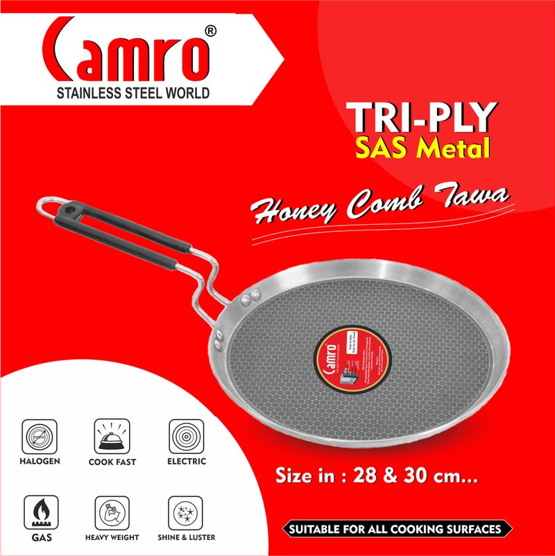 Camro Tawa for Roti and Dosa | Steel Triply Honeycomb Tawa 30cm | Induction Base Dosa Tava Non Stick | Perma-Cool Handles | Base & Induction Compatible | Metal Spoon Friendly | Sturdy Handles - Image 3