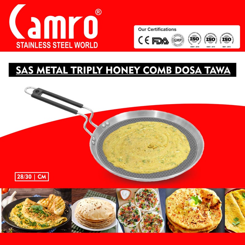 Camro Tawa for Roti and Dosa | Steel Triply Honeycomb Tawa 30cm | Induction Base Dosa Tava Non Stick | Perma-Cool Handles | Base & Induction Compatible | Metal Spoon Friendly | Sturdy Handles - Image 4
