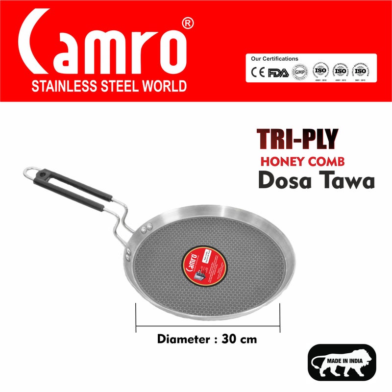 Camro Tawa for Roti and Dosa | Steel Triply Honeycomb Tawa 30cm | Induction Base Dosa Tava Non Stick | Perma-Cool Handles | Base & Induction Compatible | Metal Spoon Friendly | Sturdy Handles - Image 2