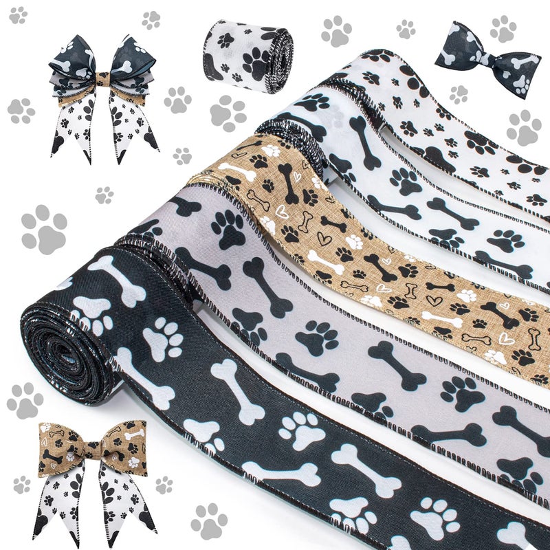 Mlurcu Dog Paw Print Ribbon  5 Rolls 25 Inch 25 Yards Burlap Wired Ribbons for Crafts Party Wedding Gift DIY Decoration Wrapping Bow Making Wreath Decor