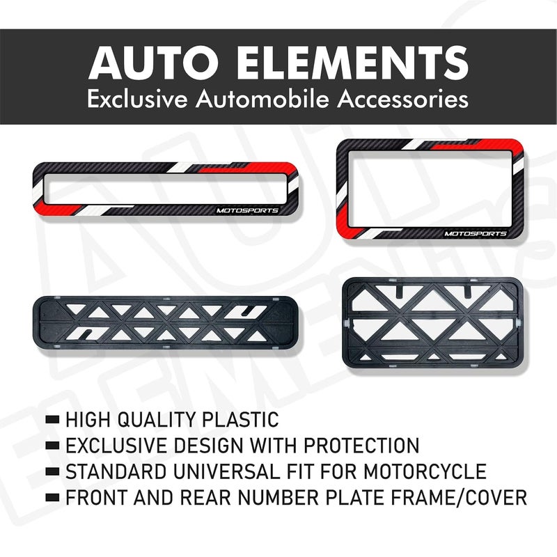 Auto Elements إطار لوحة أرقام الدراجة من أوتو إليمنتس لحماية لوحة ترخيص الدراجة النارية بتصميم ألياف الكربون الأحمر والأبيض (حجم عالمي أمامي وخلفي للدراجات) - Image 3