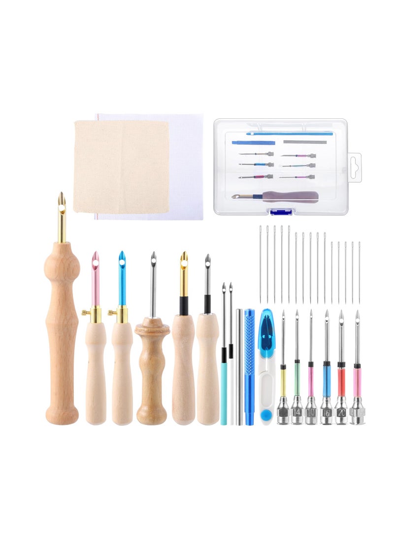 طقم إبرة اللكم، 35 قطعة أدوات خياطة التطريز، إبرة اللكم بمقبض خشبي، إبرة التطريز ذات العين الكبيرة، للمبتدئين في التطريز - Image 1