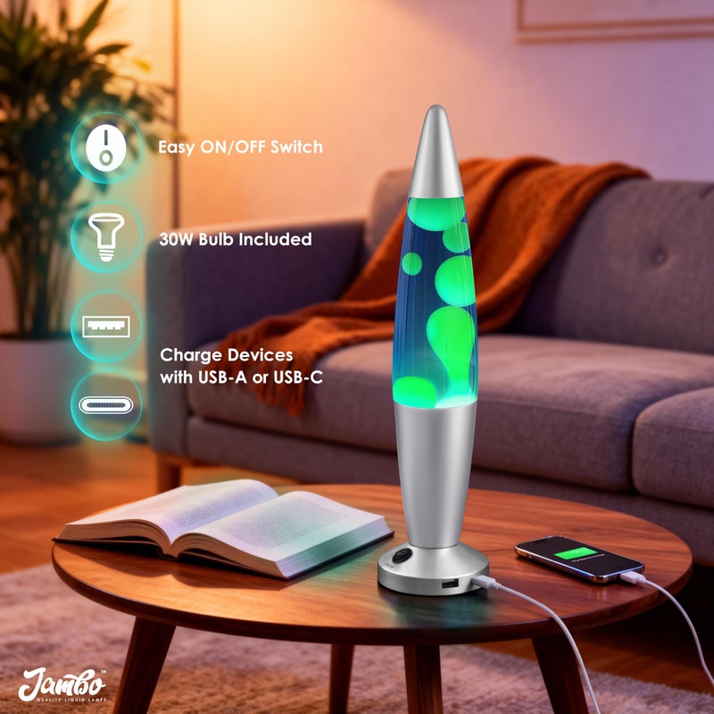 JAMBO Beautiful Liquid Lamp with USB Ports, 16" Motion Light with Blue Liquid Purple Wax, Relaxing Nightlight, Mood Light for Bedroom, Living Room, Office - Adults, Teens, Kids - Image 3