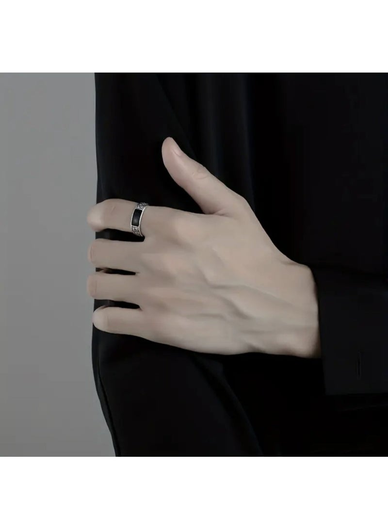 خاتم رجالي بنمط تنين خاتم مفتوح شخصي قديم مع حجر العقيق الأسود - Image 2