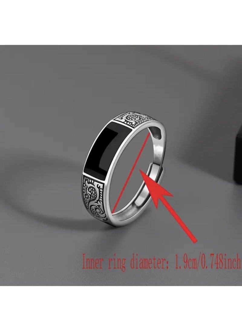 خاتم رجالي بنمط تنين خاتم مفتوح شخصي قديم مع حجر العقيق الأسود - Image 3