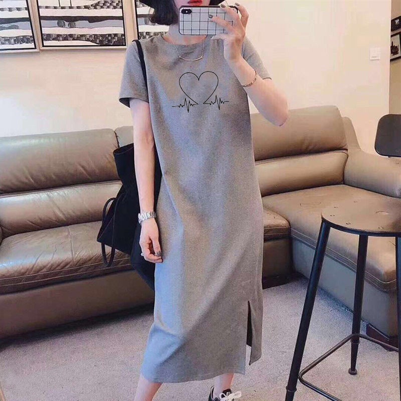 Foreign trade new mid-length short sleeve dress womens fashion casual loose printed T-shirt A- line skirt ins summer Gray