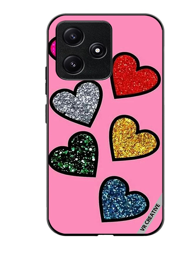 VR CREATIVE Protective Case Cover For Xiaomi Poco M6 Pro 5G Glitter Hearts in Pink Background Design Multicolour - Image 1