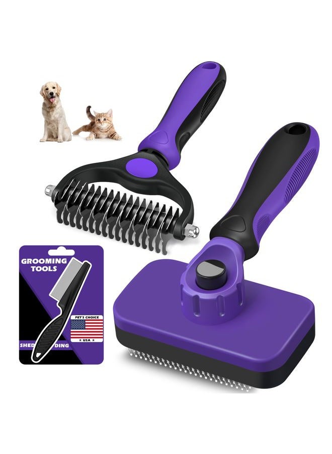 Augwind 3PCS Self Cleaning Slicker Brush & Pet Grooming Rake & Flea Comb for Dogs,Cats and Horses | Double-Sided Dematting Comb & Skin Friendly Deshedding Grooming Tool | Premium Pet Supplies (Purple Black) - Image 1