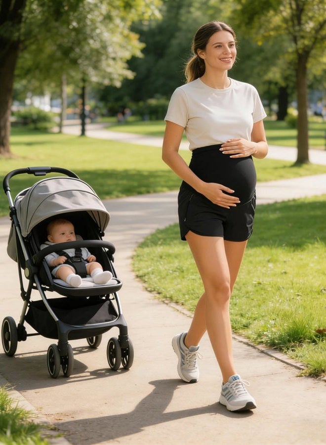 PACBREEZE Women's Maternity Shorts Over Belly Quick Dry Workout Athletic Running Shorts with Zipper Pockets, Black, Medium - Image 2