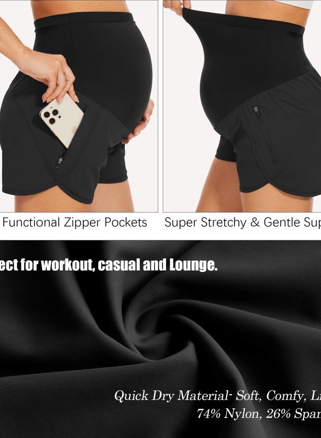 PACBREEZE Women's Maternity Shorts Over Belly Quick Dry Workout Athletic Running Shorts with Zipper Pockets, Black, Medium - Image 5