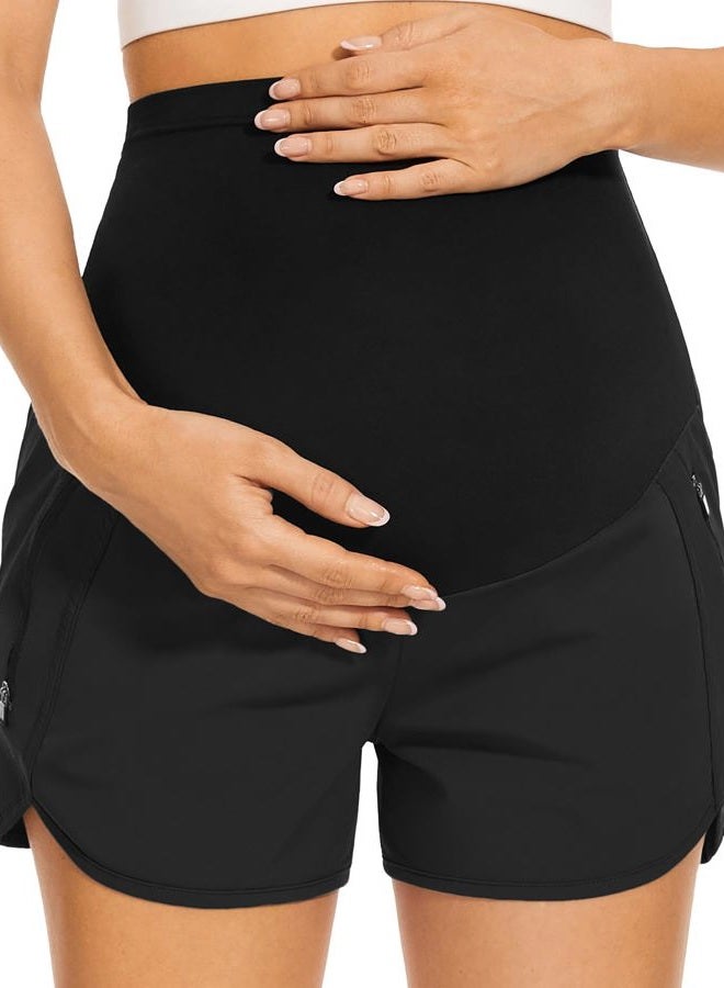 PACBREEZE Women's Maternity Shorts Over Belly Quick Dry Workout Athletic Running Shorts with Zipper Pockets, Black, Medium - Image 1
