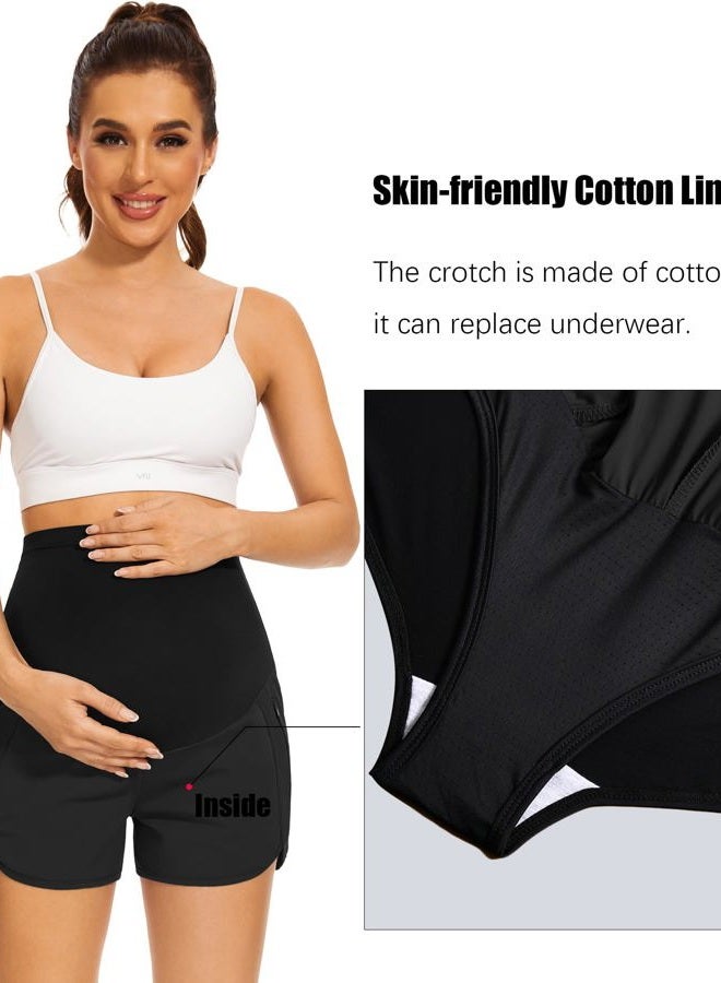 PACBREEZE Women's Maternity Shorts Over Belly Quick Dry Workout Athletic Running Shorts with Zipper Pockets, Black, Medium - Image 4