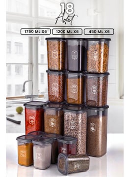 Kitchen Life طقم حاويات تخزين الطعام المربعة الحديثة المكون من 18 قطعة (1750 مل X6 - 1200 مل X6 - 450 مل X6) رف التوابل  - Image 1