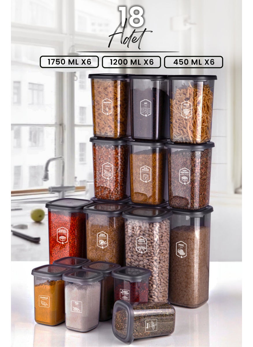 Kitchen Life - طقم حاويات تخزين الطعام المربعة الحديثة المكون من 18 قطعة (1750 مل X6 - 1200 مل X6 - 450 مل X6) رف التوابل - Image 1