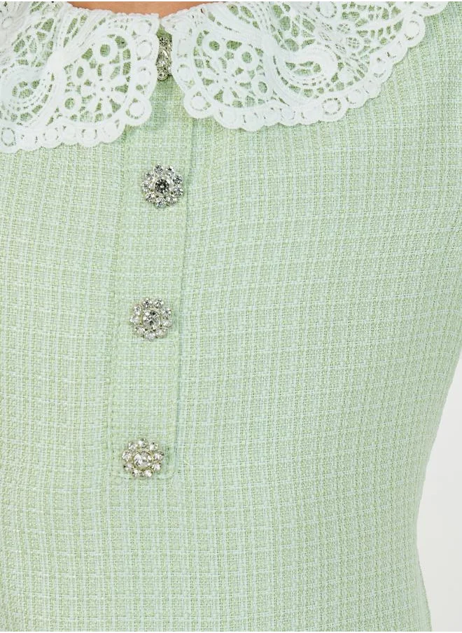 ستايلي Tweed Peter Pan Lace Collar Ruffle Hem Dress