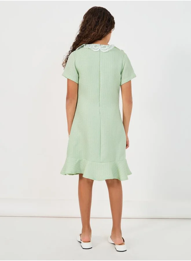 ستايلي Tweed Peter Pan Lace Collar Ruffle Hem Dress
