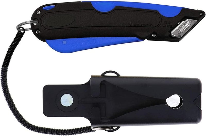 EZ-1000 Safety Box Cutter Utility Knife, 3 Blade Depth Setting, Squeeze Trigger and Dual Side Edge Guide, 2 Blades, Holster and Lanyard (Blue)