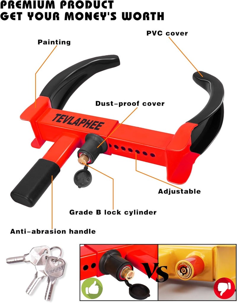 Tevlaphee Heavy Duty Universal Wheel Lock - Anti Theft Security for Cars, SUVs, Trailers, and More (Black-Red) - Image 4
