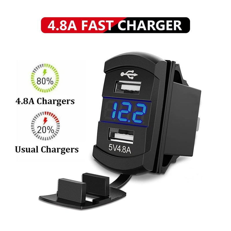FXC لوحة ألومنيوم مع مفتاح روكر 3 قنوات من بورشين مع فولت ميتر و USB مزدوج (4.8 أمبير) شحن سريع، إضاءة خلفية زرقاء LED، موصولة مسبقًا، مقاومة للماء IP65 للسفن، القوارب، السيارات، الشاحنات، بولاريس، جيب (أزرق) - Image 3