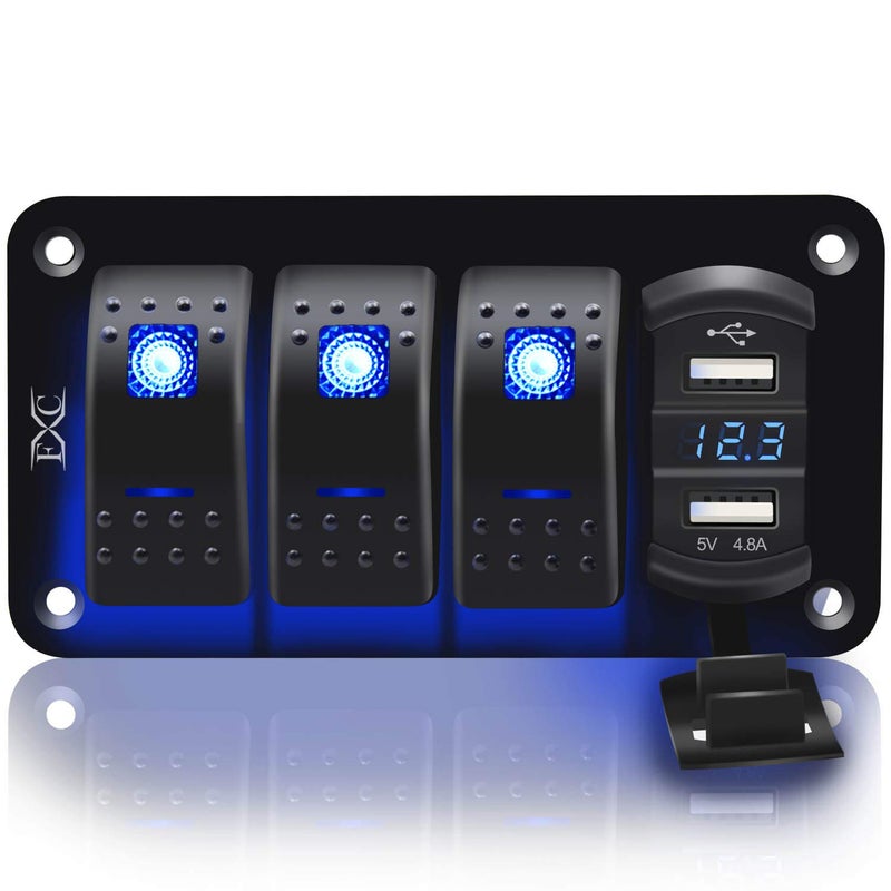 FXC لوحة ألومنيوم مع مفتاح روكر 3 قنوات من بورشين مع فولت ميتر و USB مزدوج (4.8 أمبير) شحن سريع، إضاءة خلفية زرقاء LED، موصولة مسبقًا، مقاومة للماء IP65 للسفن، القوارب، السيارات، الشاحنات، بولاريس، جيب (أزرق) - Image 1