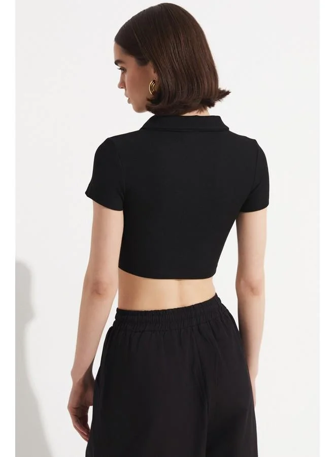 JUNE June Women Fitted Polo Neck Crop Blouse Black