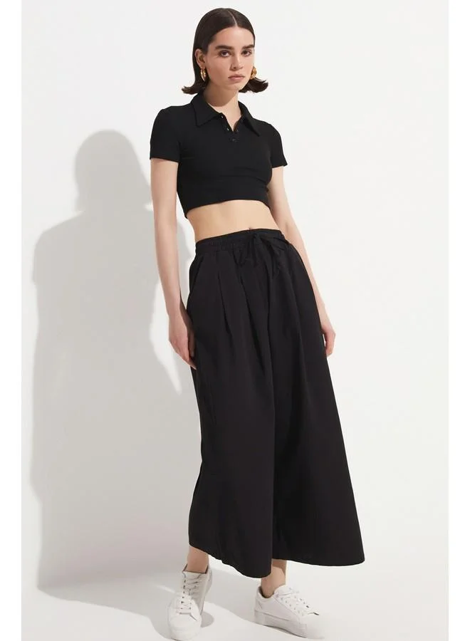 JUNE June Women Fitted Polo Neck Crop Blouse Black