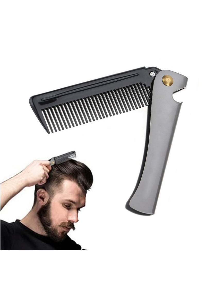SYOSI Folding Beard Comb, Portable Stainless Steel Round Comb for Men, Folding Carrying Pocket Oil Hair Moustache Shaping Comb for Grooming Styling, Combing Hair, Beards and Mustaches - Image 1