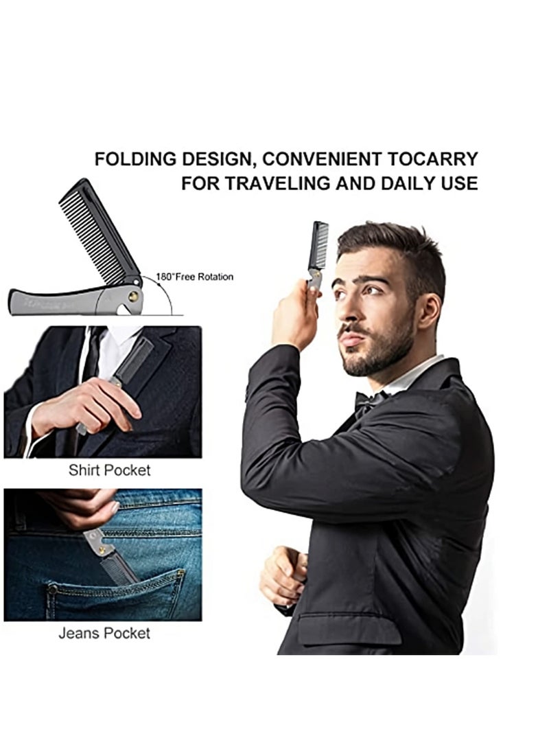 SYOSI Folding Beard Comb, Portable Stainless Steel Round Comb for Men, Folding Carrying Pocket Oil Hair Moustache Shaping Comb for Grooming Styling, Combing Hair, Beards and Mustaches - Image 2