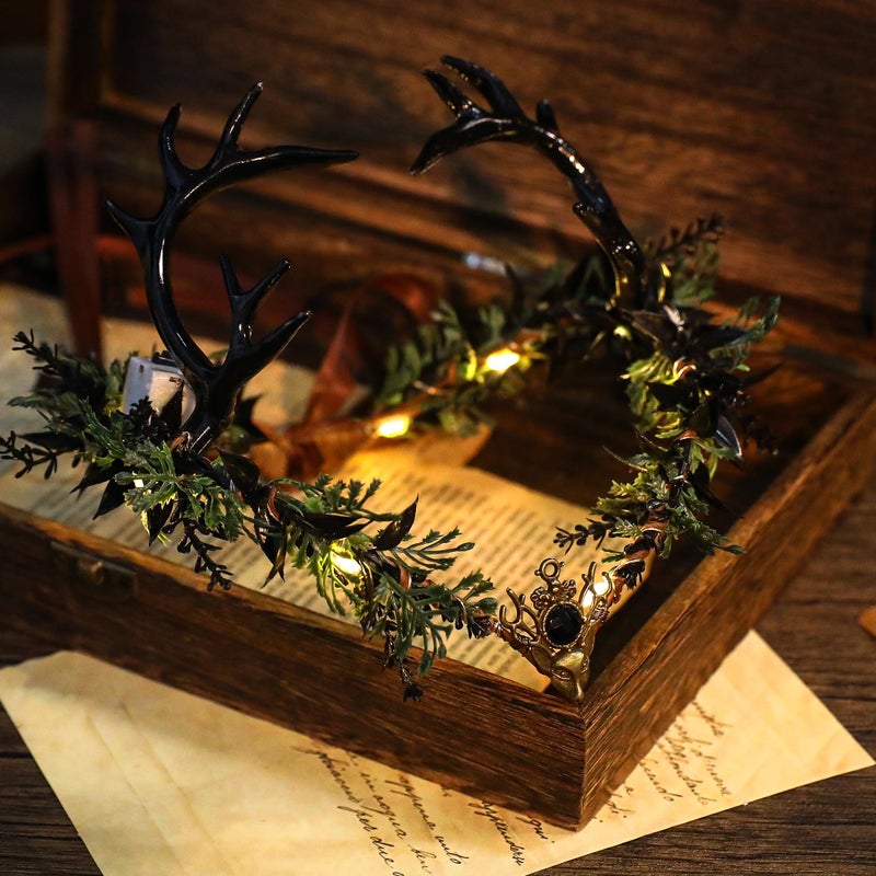 MOSTORY Light up Elf Crown - Black Antler Headpiece Gothic Flower Circlet Elven Woodland Tiara for Women Renaissance Fair Cosplay Halloween Costume Photo Shoot - Image 5