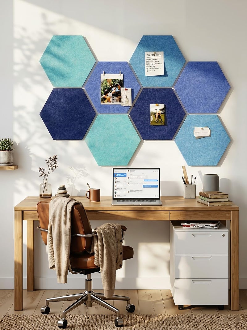 Uoisaiko 8 Pack Hexagon Felt Bulletin Board Tiles - 12" Large Thick Pin Board for Walls with 30 Push Pins, DIY Boards for Office Home School Decor, Aesthetic Hex Cork Board Alternative - Image 5