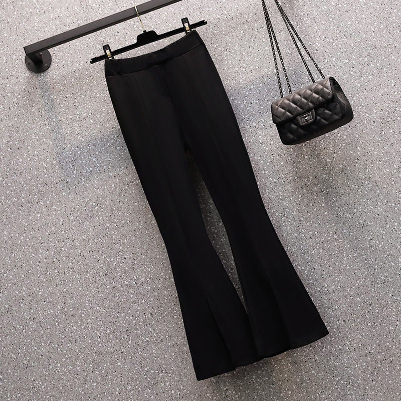 plus size womens autumn 2024 new age-reducing suit female fat sister foreign-style waist shirt flared pants two-piece set black pants - Image 1