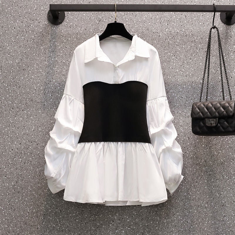 plus size womens autumn 2024 new age-reducing suit female fat sister foreign-style waist shirt flared pants two-piece set black pants - Image 2