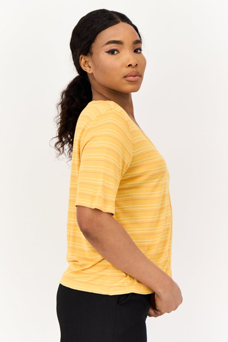 ONLY Women V Neck Short Sleeve Stripe T Shirt, Light Orange - Image 3