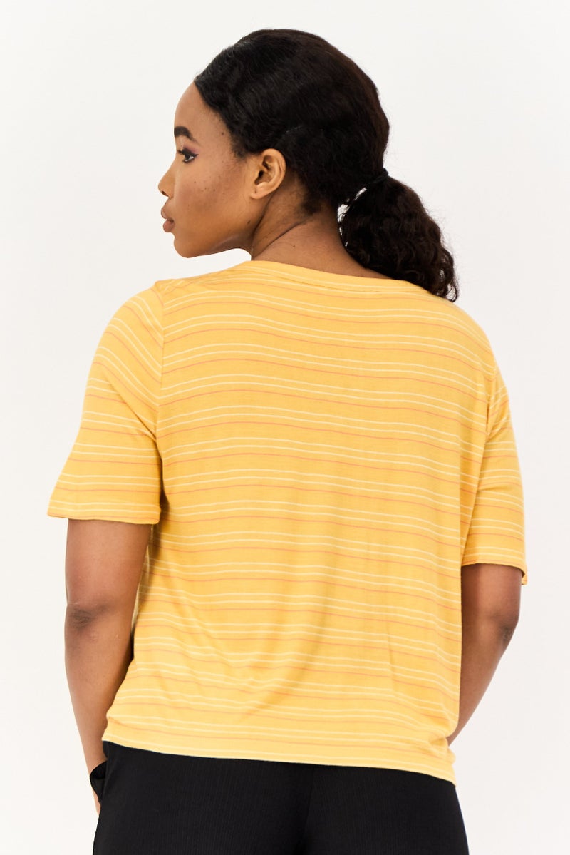 ONLY Women V Neck Short Sleeve Stripe T Shirt, Light Orange - Image 2